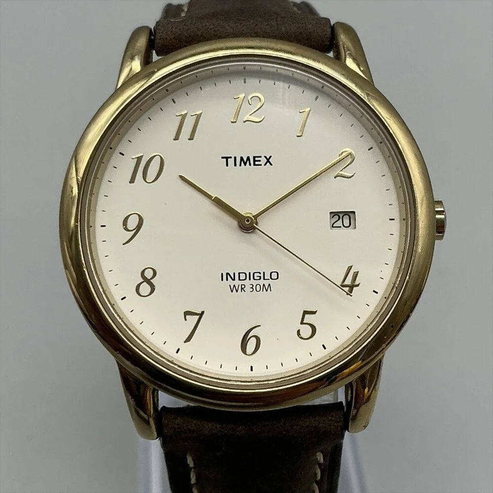 Timex Indiglo WR30M Mens Watch 35mm Cream Dial Gold Tone Leather New Battery